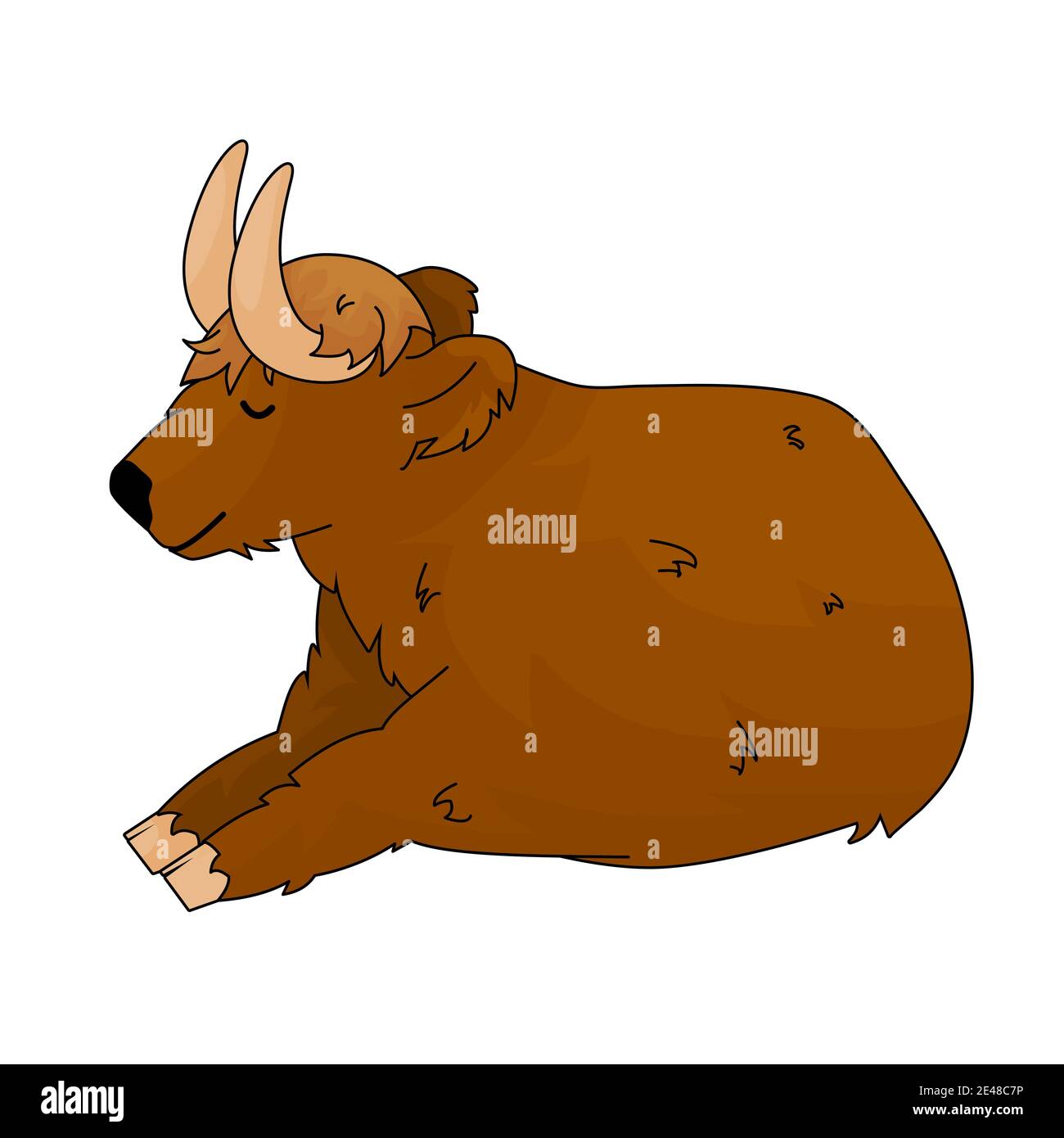 Brown cartoon highland Scottish cow is lying on the ground, eyes are closed, animal is sleeping. Bull is isolated on white background Stock Vector