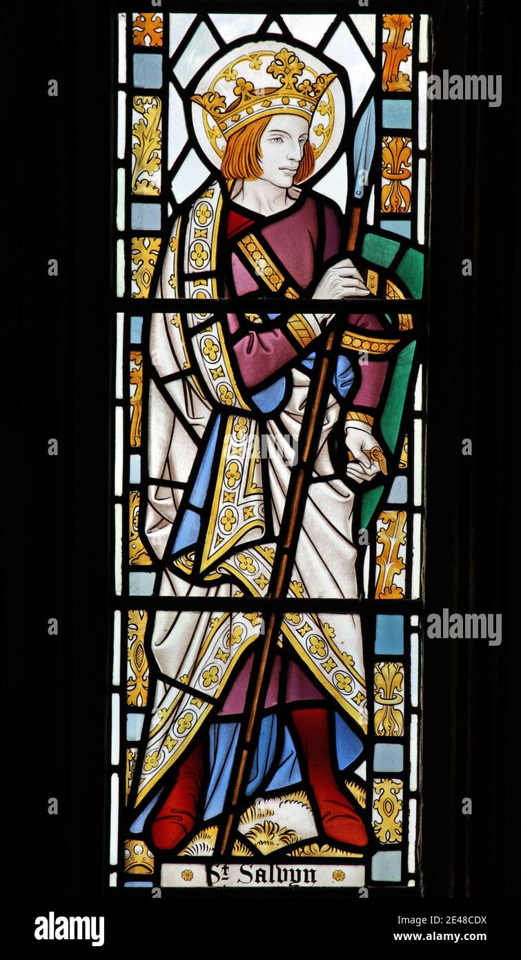 A stained glass window depicting Saint Salvyn, Exford Church, Somerset, England Stock Photo
