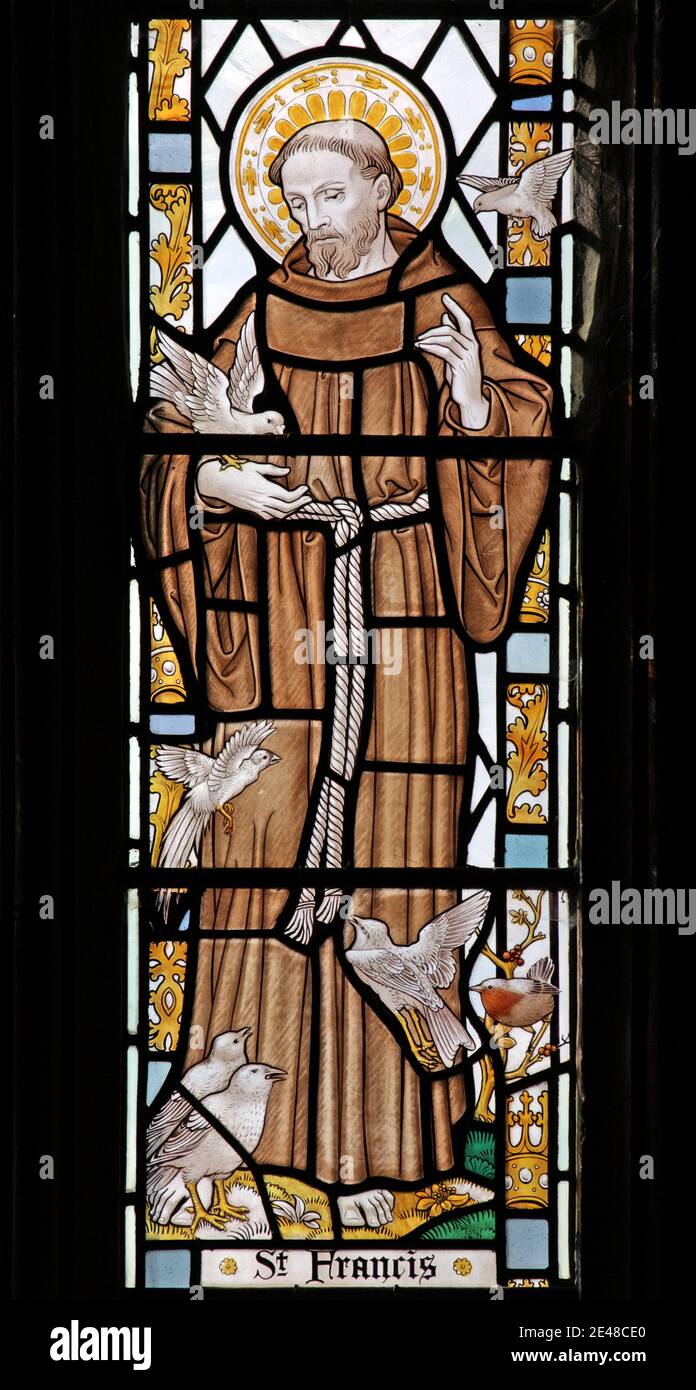 A stained glass window depicting Saint Francis of Assisi, Exford Church, Somerset, England Stock Photo