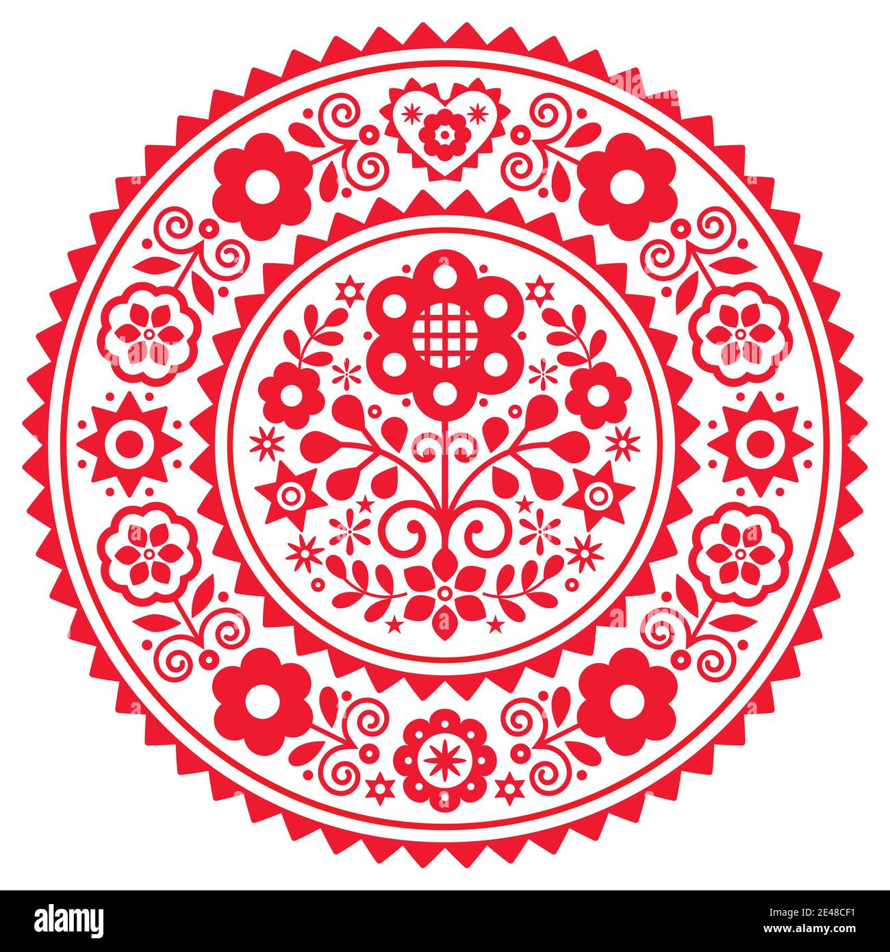 Folk art vector mandala design with flowers with frame inspired by old traditional Polish embroidery Lachy Sadeckie - bohemian pattern Stock Vector