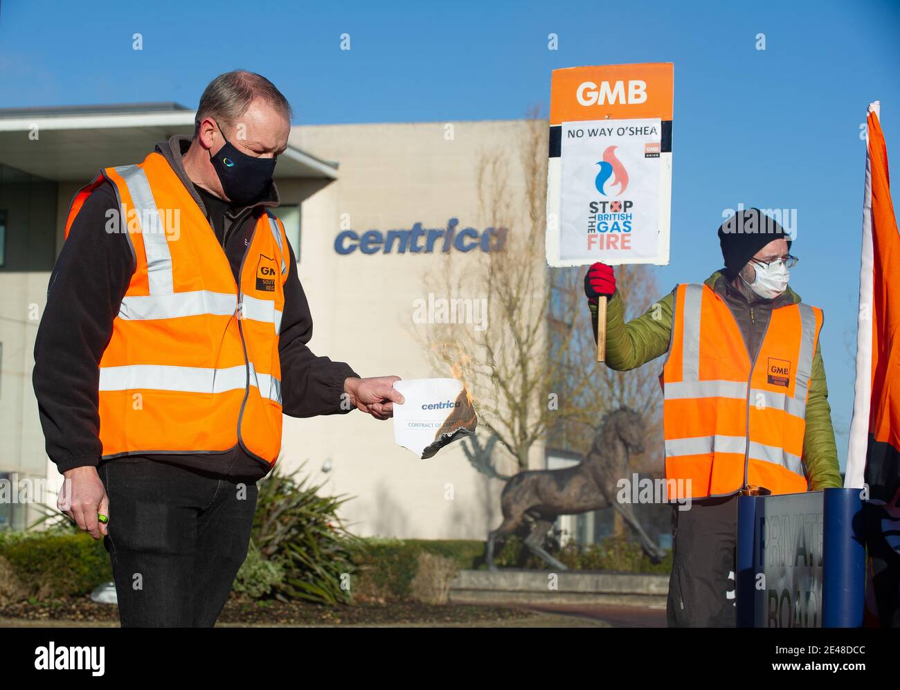 Windsor, Berkshire, UK. 22nd January, 2021. Day six of the British Gas strike was ‘rock solid’ as an estimated 7,000 workers downed tools over the company’s plan to sack them all. This morning British Gas Engineers burnt their “sign or be fired” contracts outside the head office of parent company Centrica. British Gas engineers and staff voted overwhelmingly by 89%  to strike after the boss of parent company Centrica Chris O’Shea, threatened to fire them all if they didn’t “accept” cuts to pay and terms and conditions. Credit: Maureen McLean/Alamy Live News Stock Photo