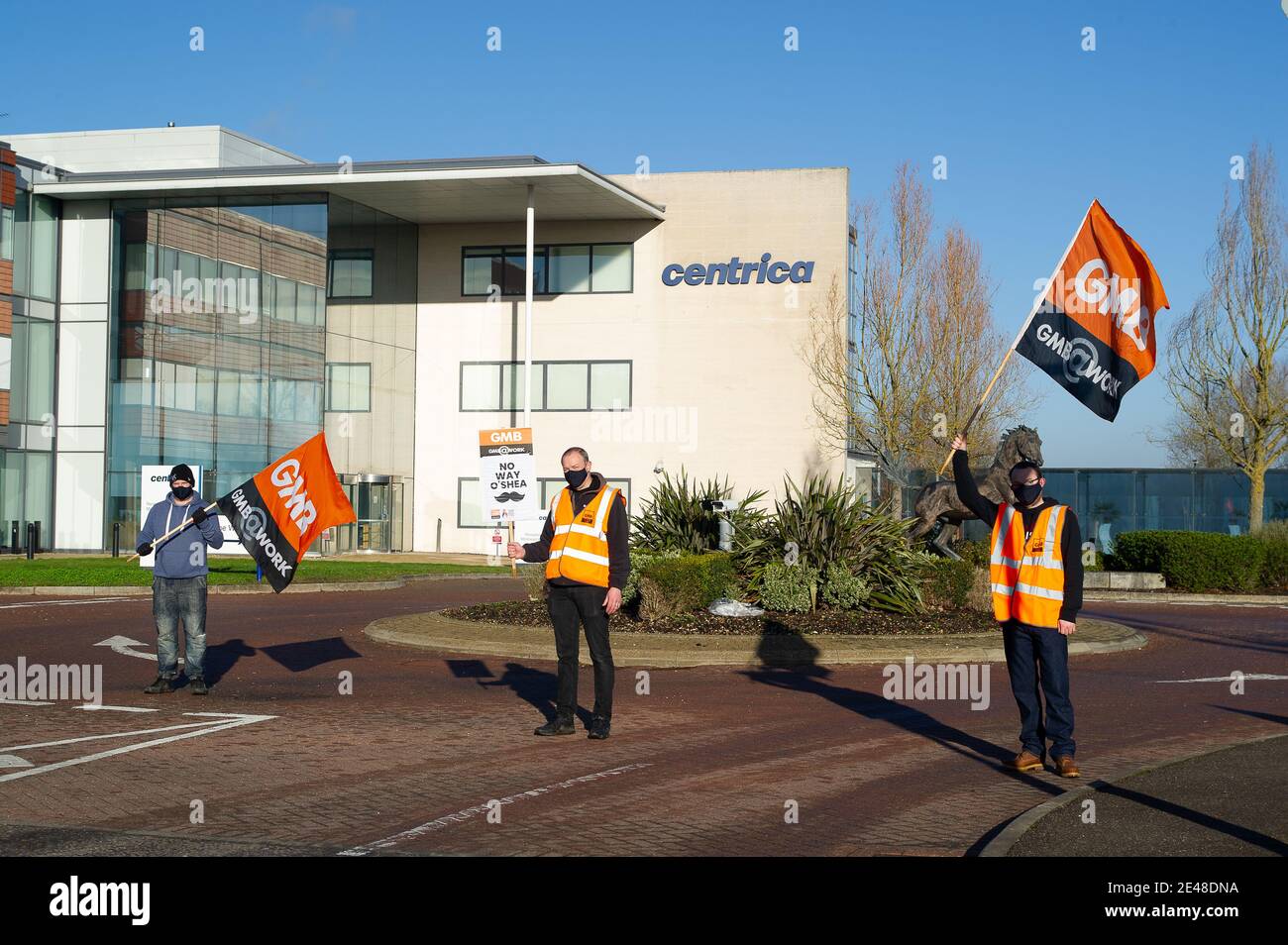 Windsor, Berkshire, UK. 22nd January, 2021. Day six of the British Gas strike was ‘rock solid’ as an estimated 7,000 workers downed tools over the company’s plan to sack them all. This morning British Gas Engineers burnt their “sign or be fired” contracts outside the head office of parent company Centrica. British Gas engineers and staff voted overwhelmingly by 89%  to strike after the boss of parent company Centrica Chris O’Shea, threatened to fire them all if they didn’t “accept” cuts to pay and terms and conditions. Credit: Maureen McLean/Alamy Live News Stock Photo