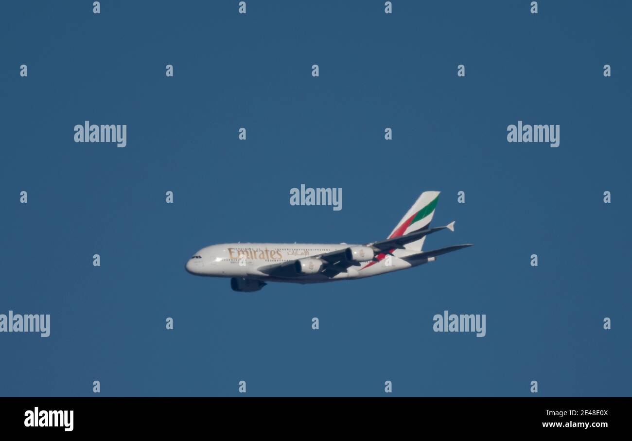 London, UK. 22 January 2021. Airbus A380 A6EVG of Emirates on final