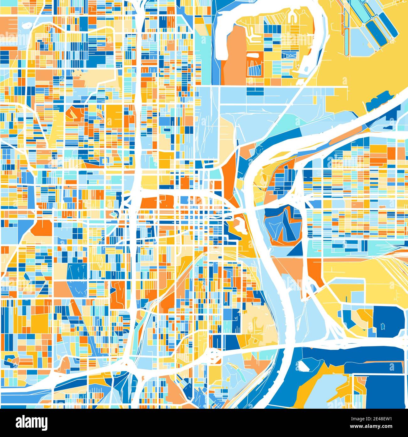 Color art map of Omaha, Nebraska, UnitedStates in blues and oranges