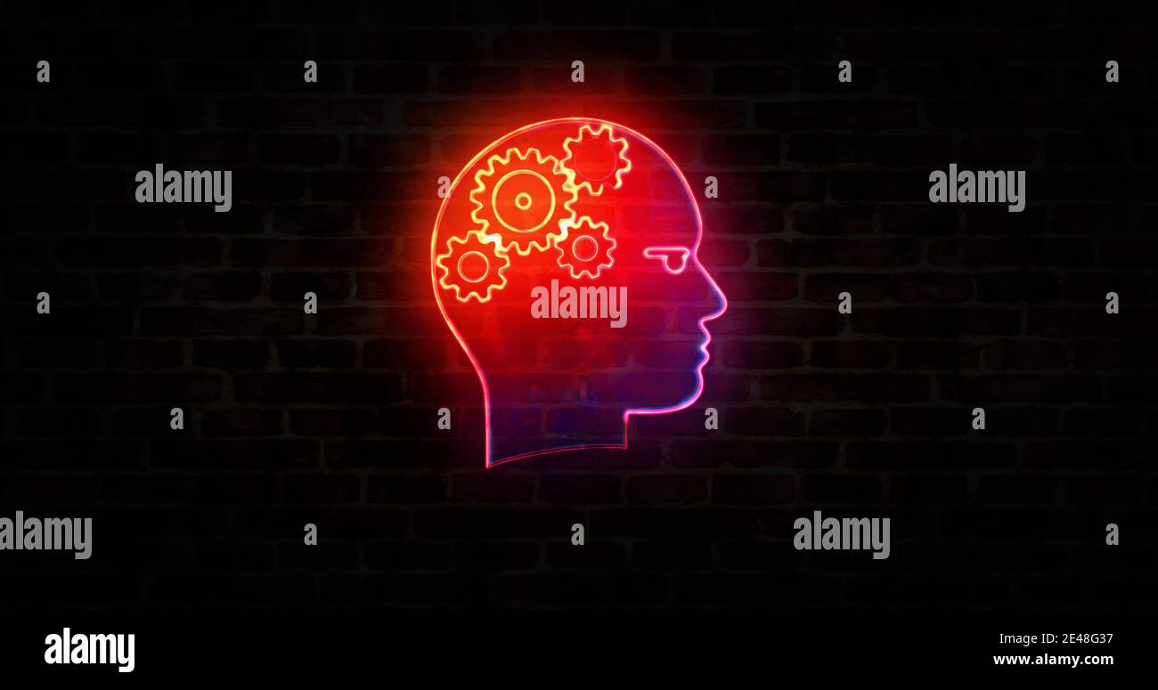 Artificial intelligence neon sign on brick wall, cybernetic brain, AGI and machine learning concept symbol. Abstract 3d rendering illustration. Stock Photo