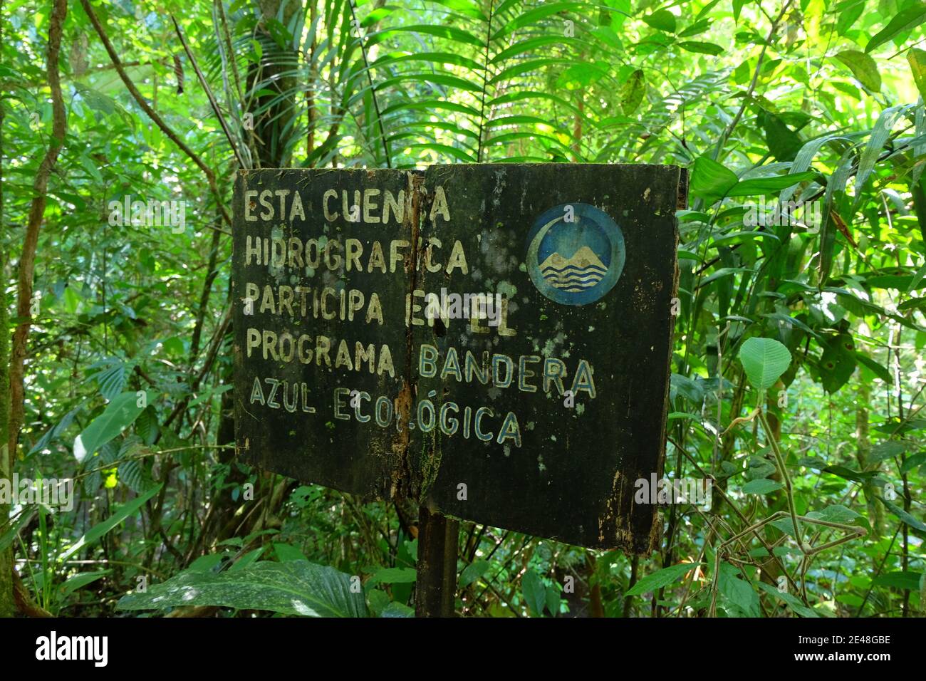 Costa Rican, sign showing that the water from the forest stream is used and captured in an eco-friendly manner. Stock Photo