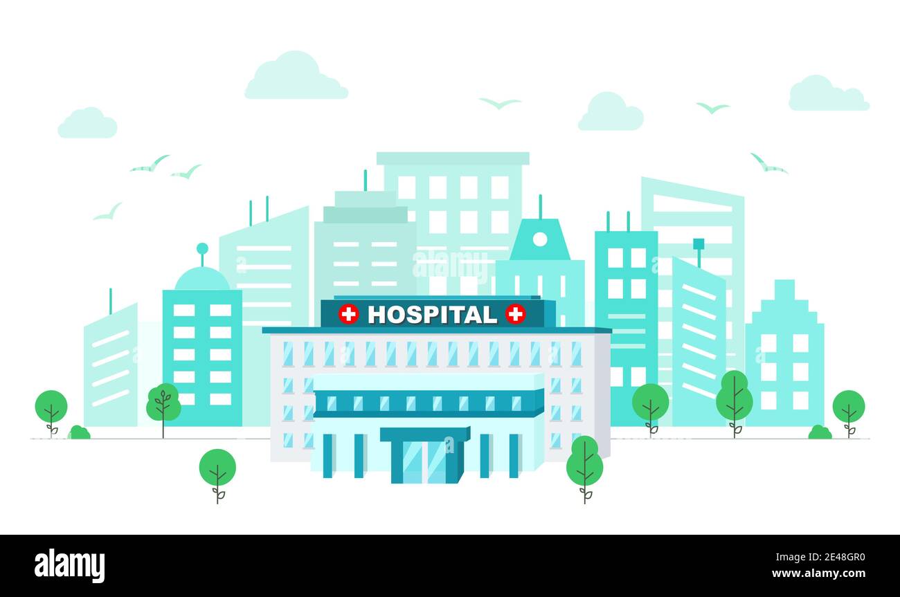 Hospital building in flat style. Medical center building on the