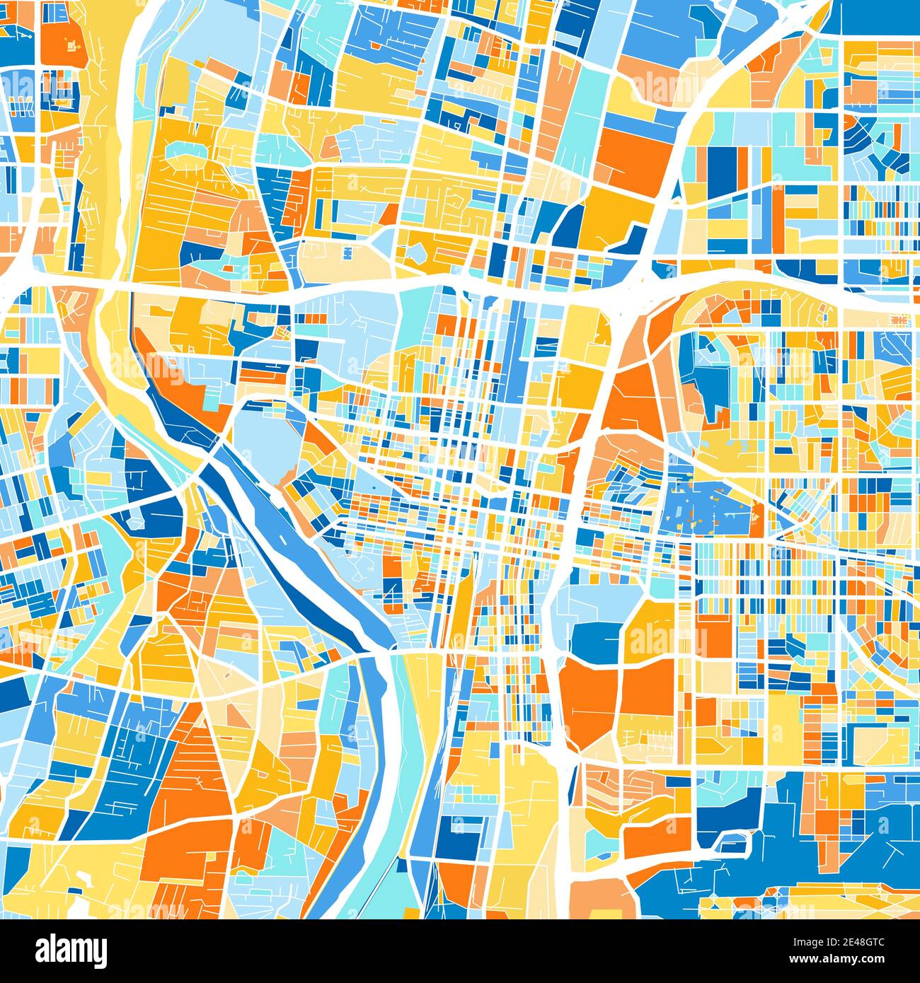 Color art map of  Albuquerque, New Mexico, UnitedStates in blues and oranges. The color gradations in Albuquerque   map follow a random pattern. Stock Vector