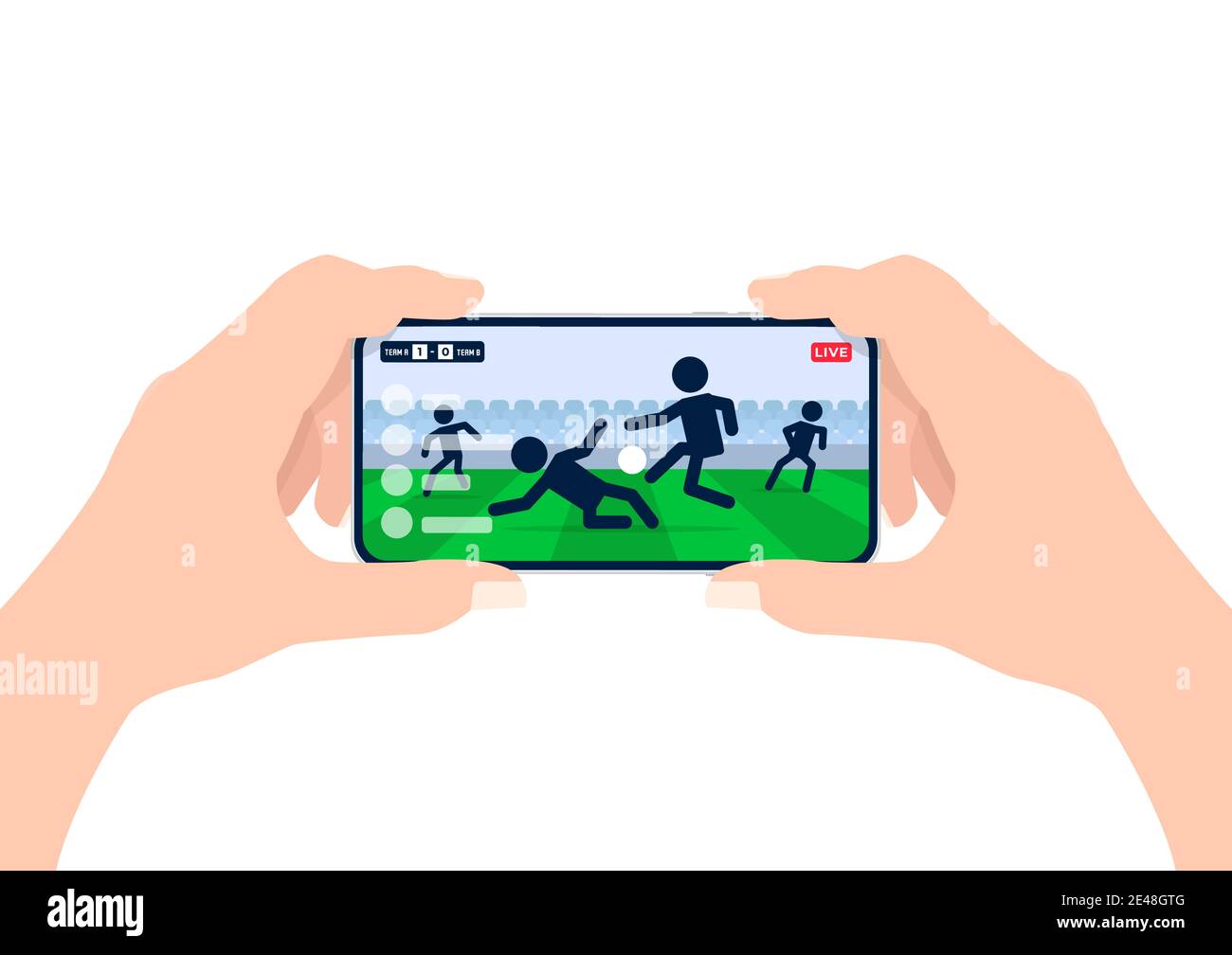 Soccer or football league live streaming on mobile phone. Man hands holding smartphone and watch any live football match online. Stock Vector