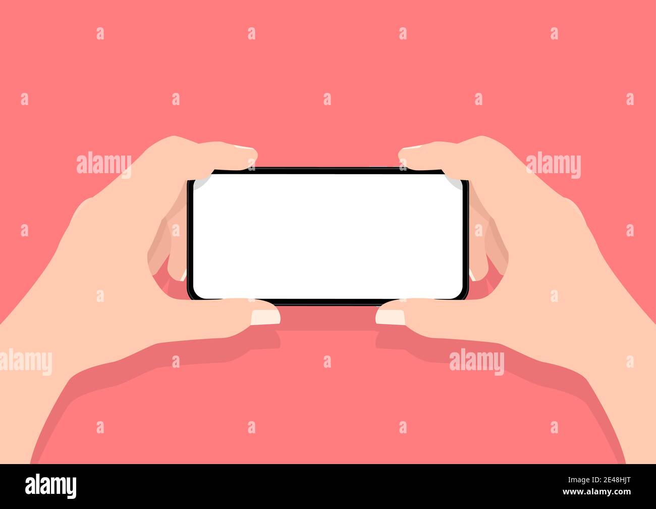 Man two hands holding mobile smart phone with blank screen. Stock Vector