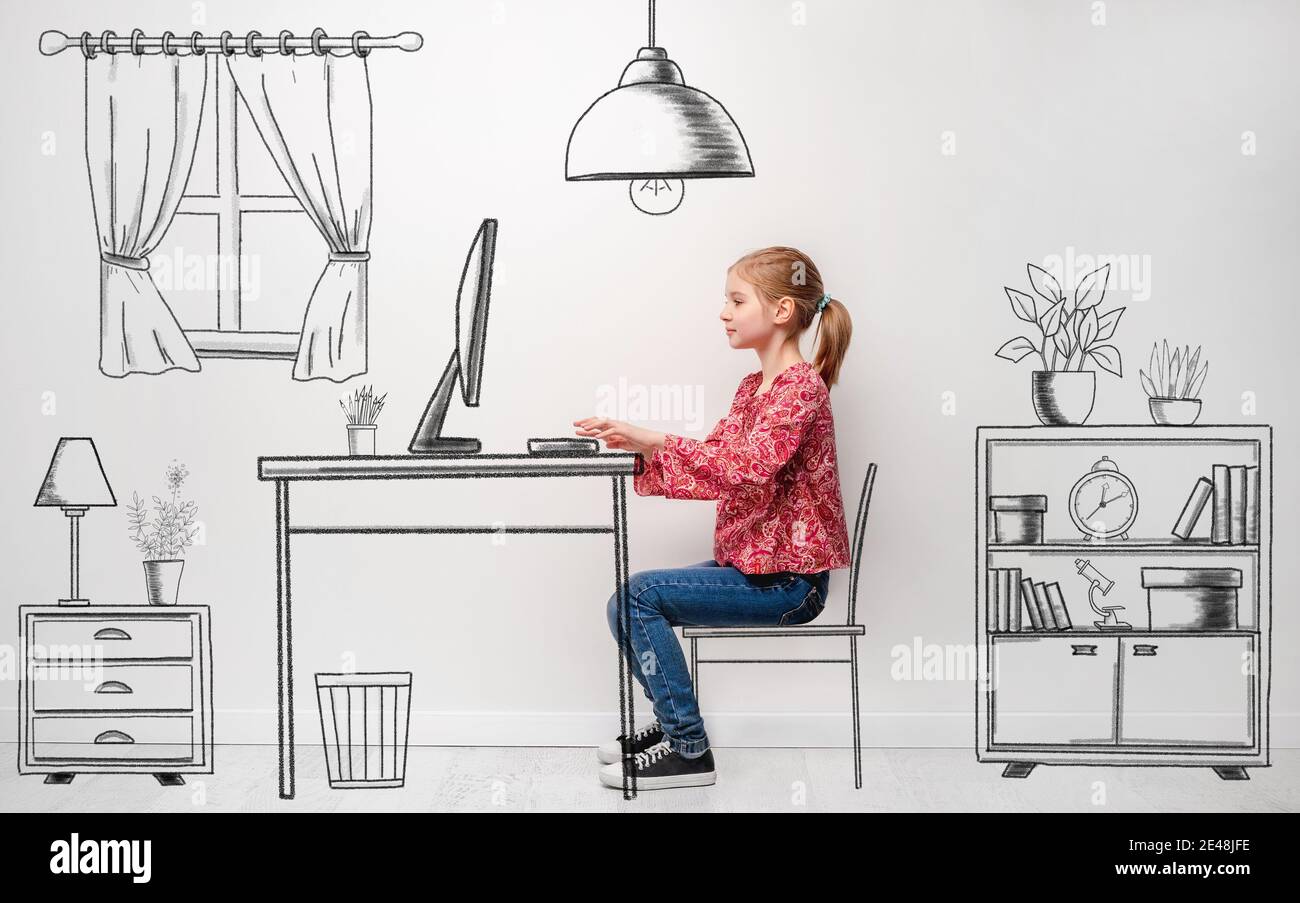 Little girl working in room sketch Stock Photo