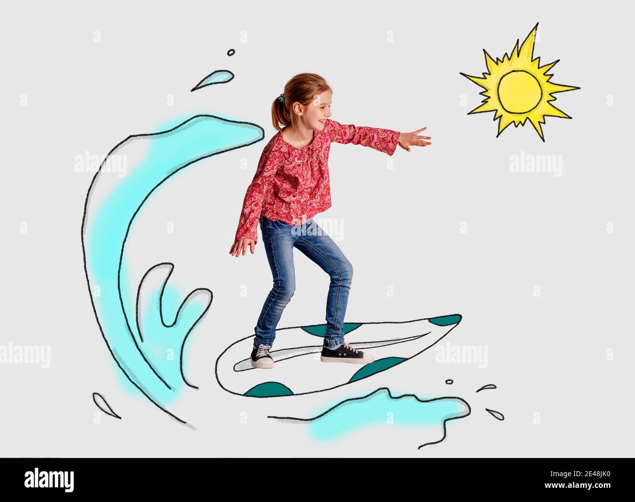 Little girl surfing on colored sketch Stock Photo