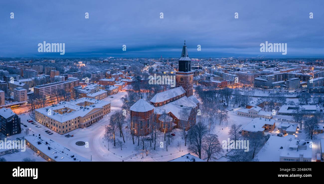 Aerial panorama of Turku Cathedral and the city skyline in winter night in Turku, Finland Stock Photo