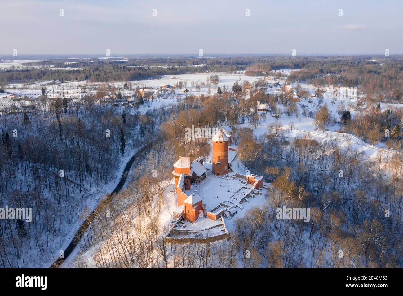 Aerial view of the famous Turaida castle at sunrise in winter Stock Photo