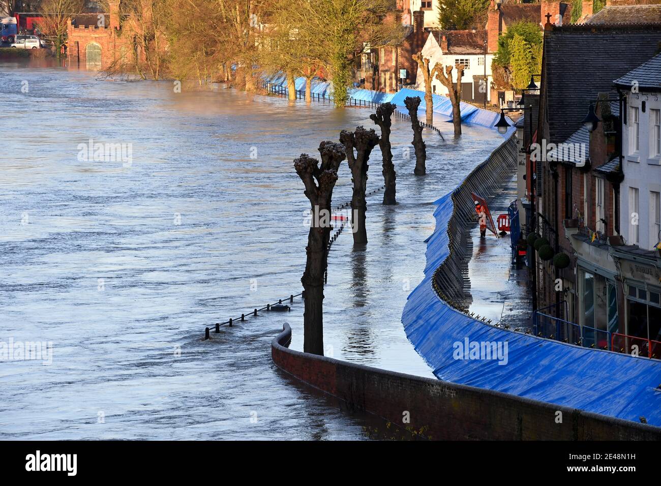 Ironbridge, Shropshire, Uk January 22nd 2021. Flood barriers holding back the River Severn. Flood barriers protect homes and business as the River Severn floods along The Wharfage in Ironbridge. Credit: Sam Bagnall/Alamy Live News  Copyright 2020 © Sam Bagnall Stock Photo