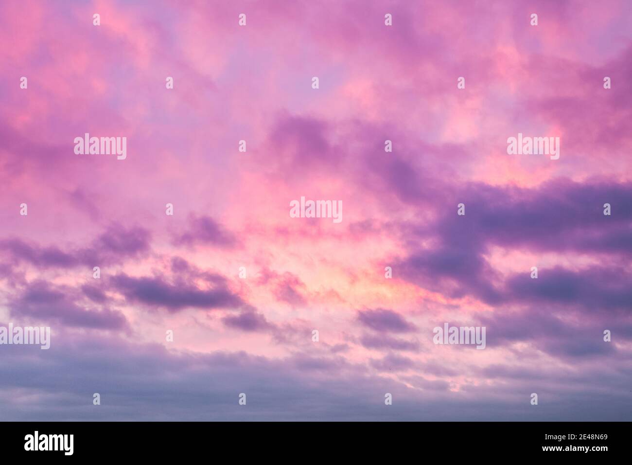 Sunrise clouds skyscape soft pink and purple tones. Majestic summer day cloudy weather. Romantic atmosphere of trendy background illustration desigh in warm pattern. Lovely rose sky panorama shot Stock Photo