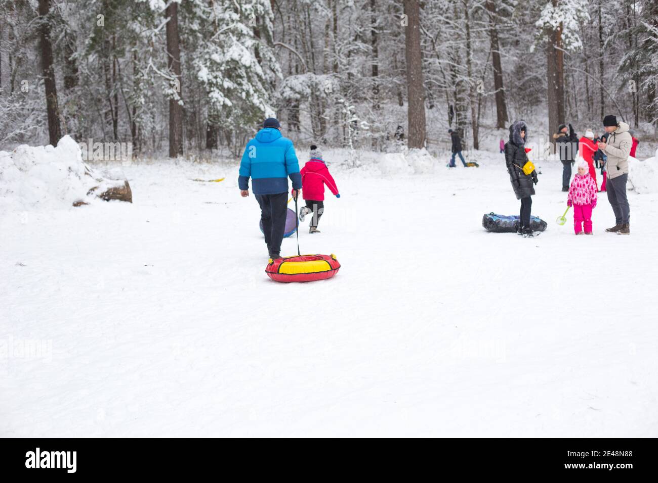 People walk in snowy winter forest with their families, with skis, sleds, inflatable tubing, roll down hill, build fortress and a snowman. Winter outd Stock Photo