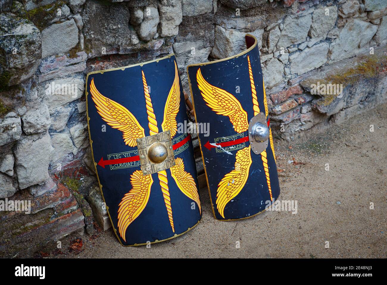 MERIDA, SPAIN - Sep 27, 2014: Two shields of the historical representation Emerita Ludica. This holiday commemorates the daily life and the wars in th Stock Photo