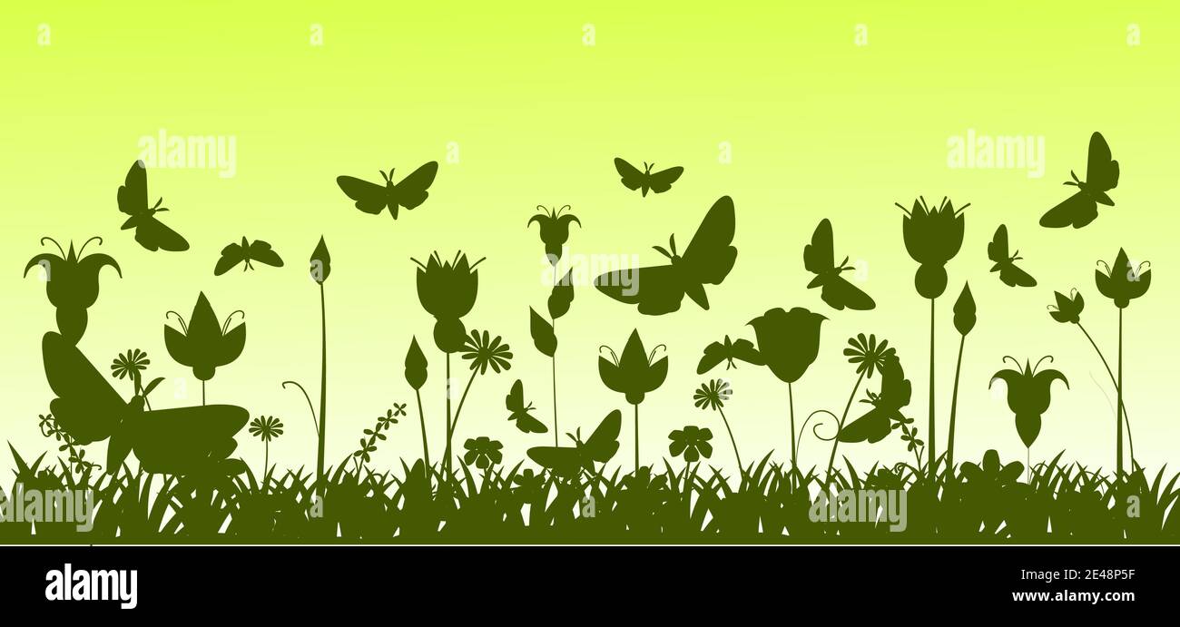 Silhouette of a blooming meadow with grass, flowers and butterflies. Green landscape. Cartoon illustration. The picture background. Beautiful natural Stock Vector