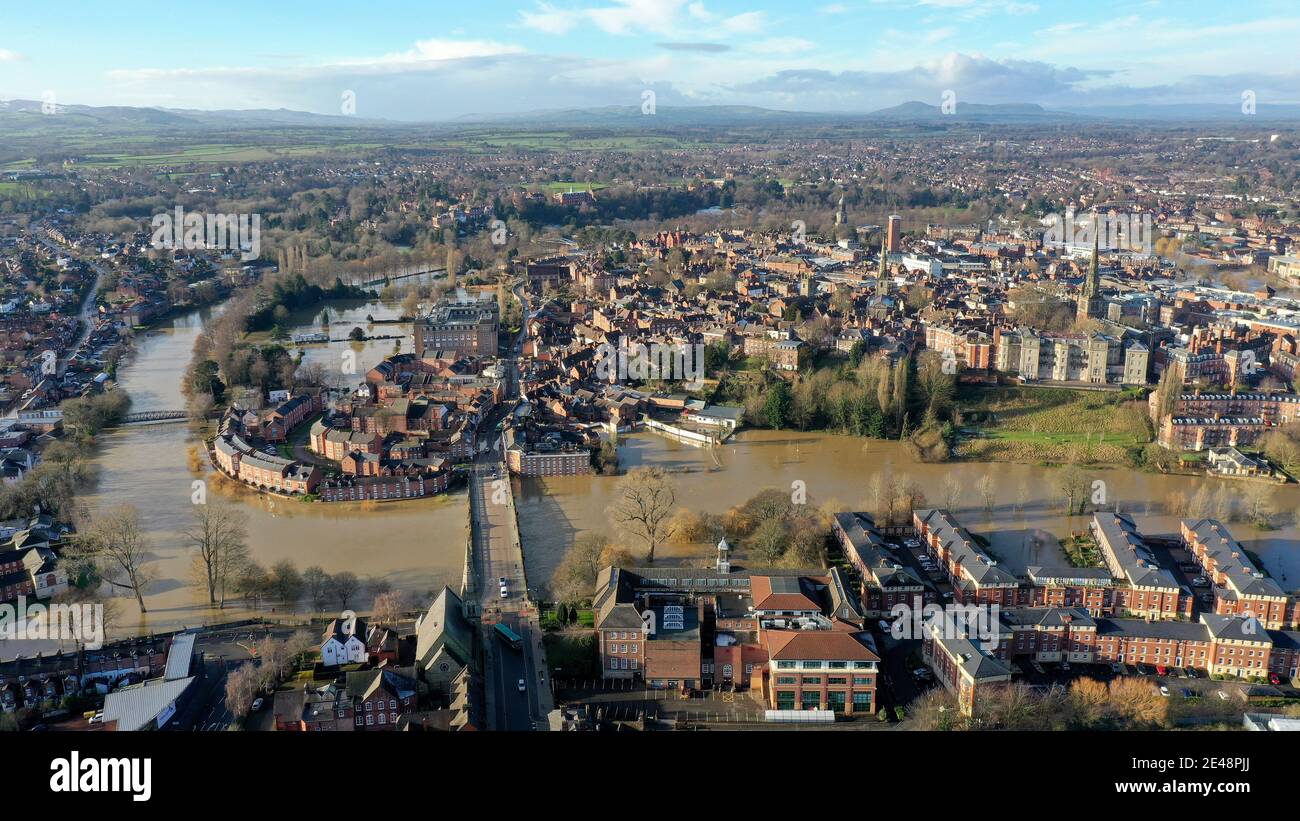 Shrewsbury, Shropshire, Uk January 22nd 2021. River Severn flooding the town near the English Bridge. Credit: Sam Bagnall/Alamy Live News Stock Photo