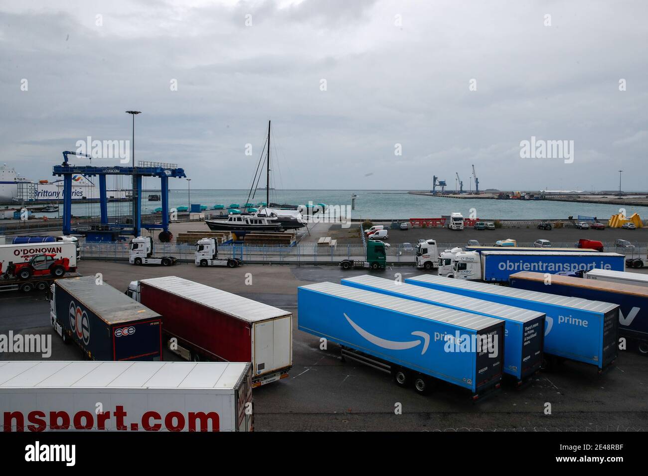 Amazon trailer trucks are parked at Cherbourg Harbour, France January, 20,  2021. Brexit delays and customs checks have led to a surge in demand to  ship goods in and out of Ireland
