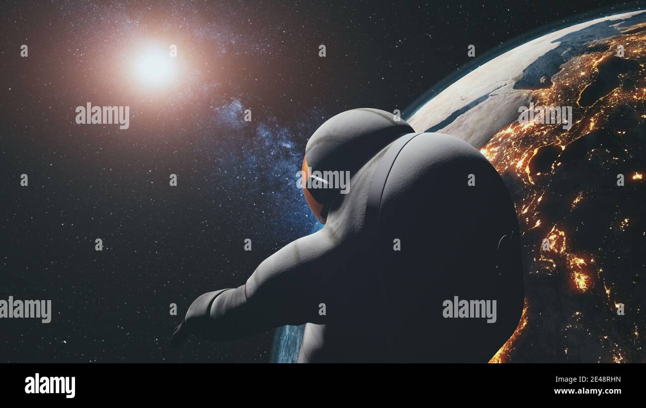 Close-up spaceman silhouette: Earth astronaut man spatial flight in zero gravity. NASA space explorer at sunlight. Solar system third planet spacer in spacesuit. Cosmos researcher closeup illustration Stock Photo