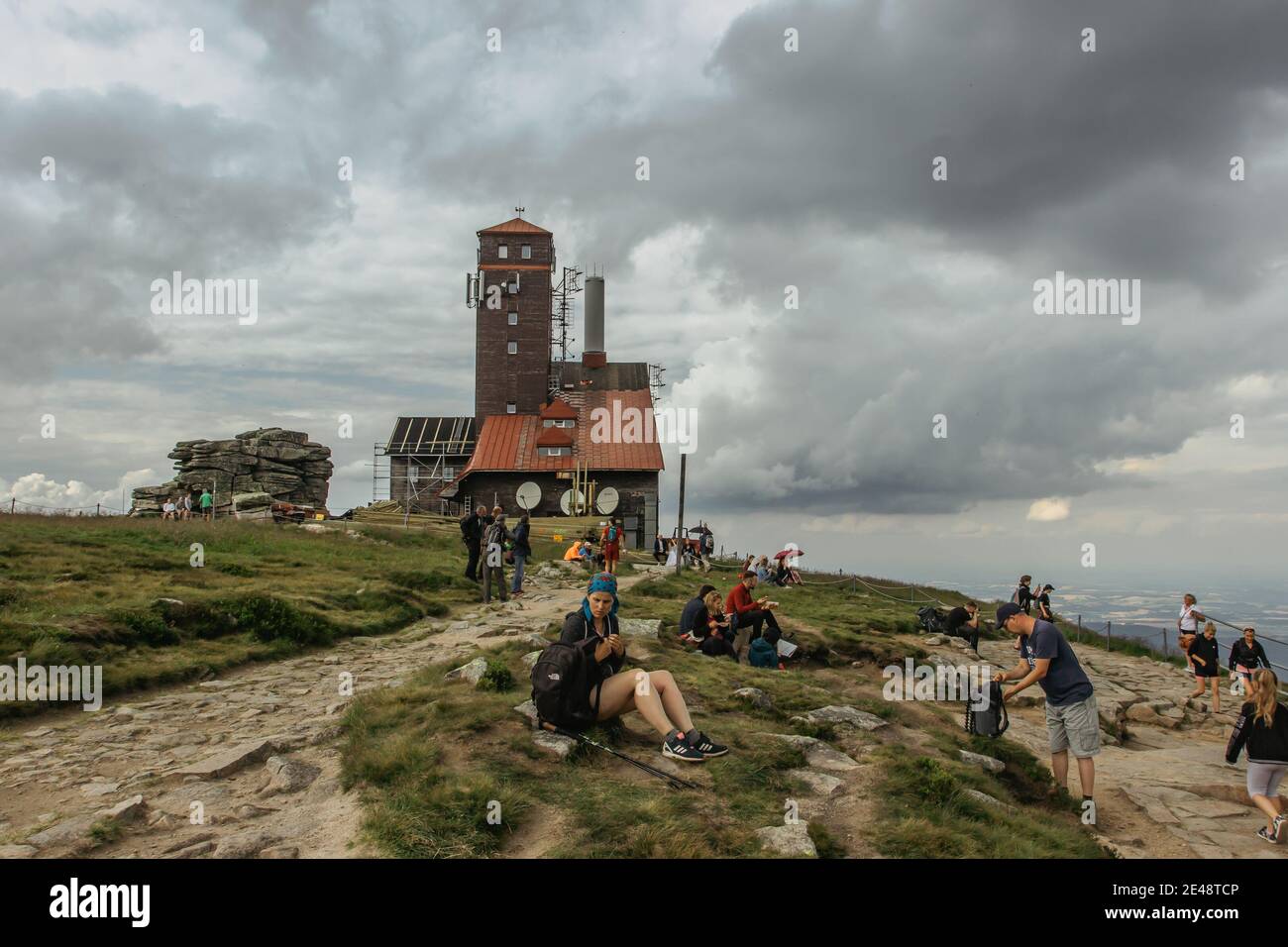 Snezne jamy, Czech Republic-July 25,2020. A remoted building on Polish-Czech border in Krkonose,Giant mountains.People having rest after hiking and en Stock Photo