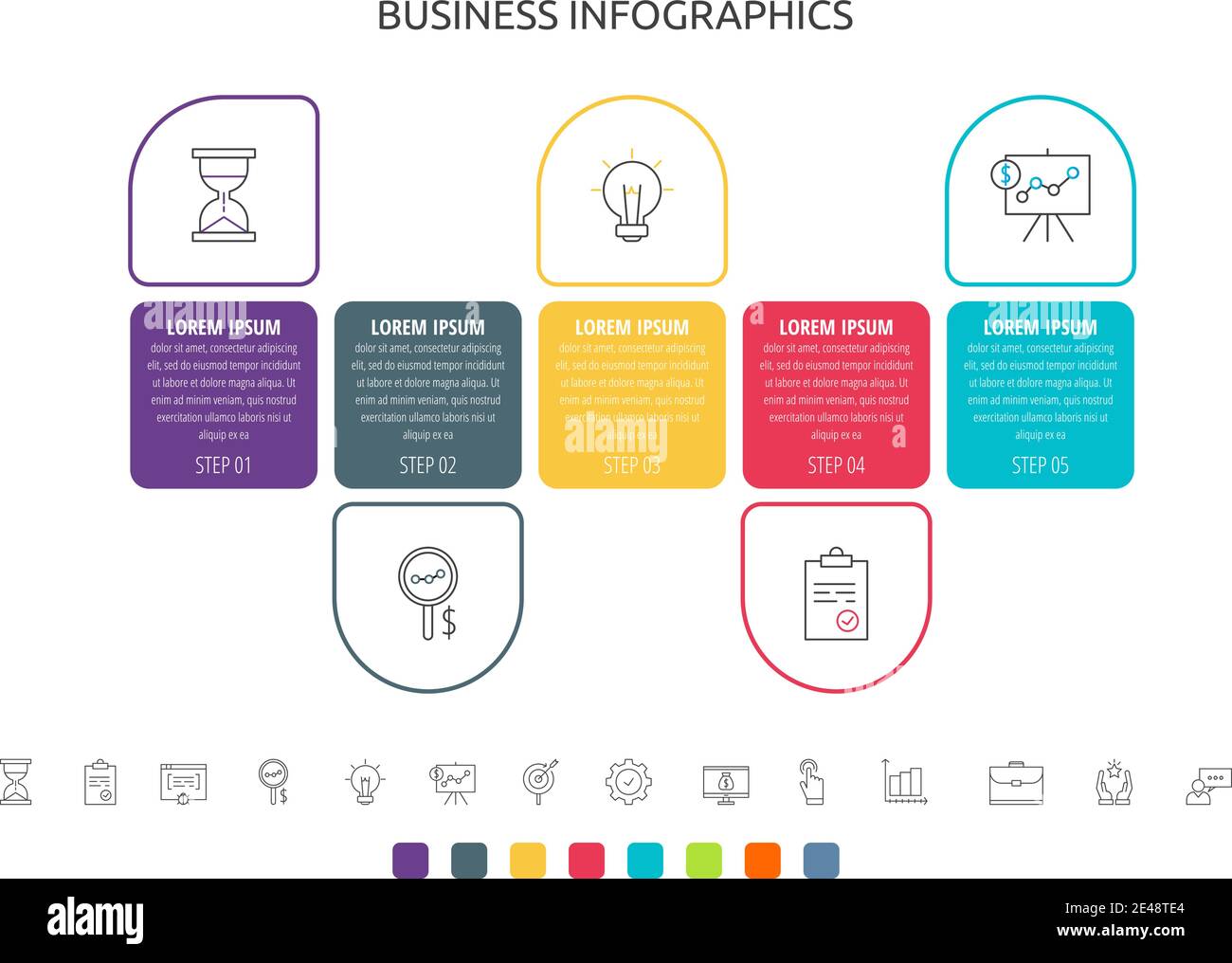 Vector infographics label with five steps, icons. Line chart. Timeline ...