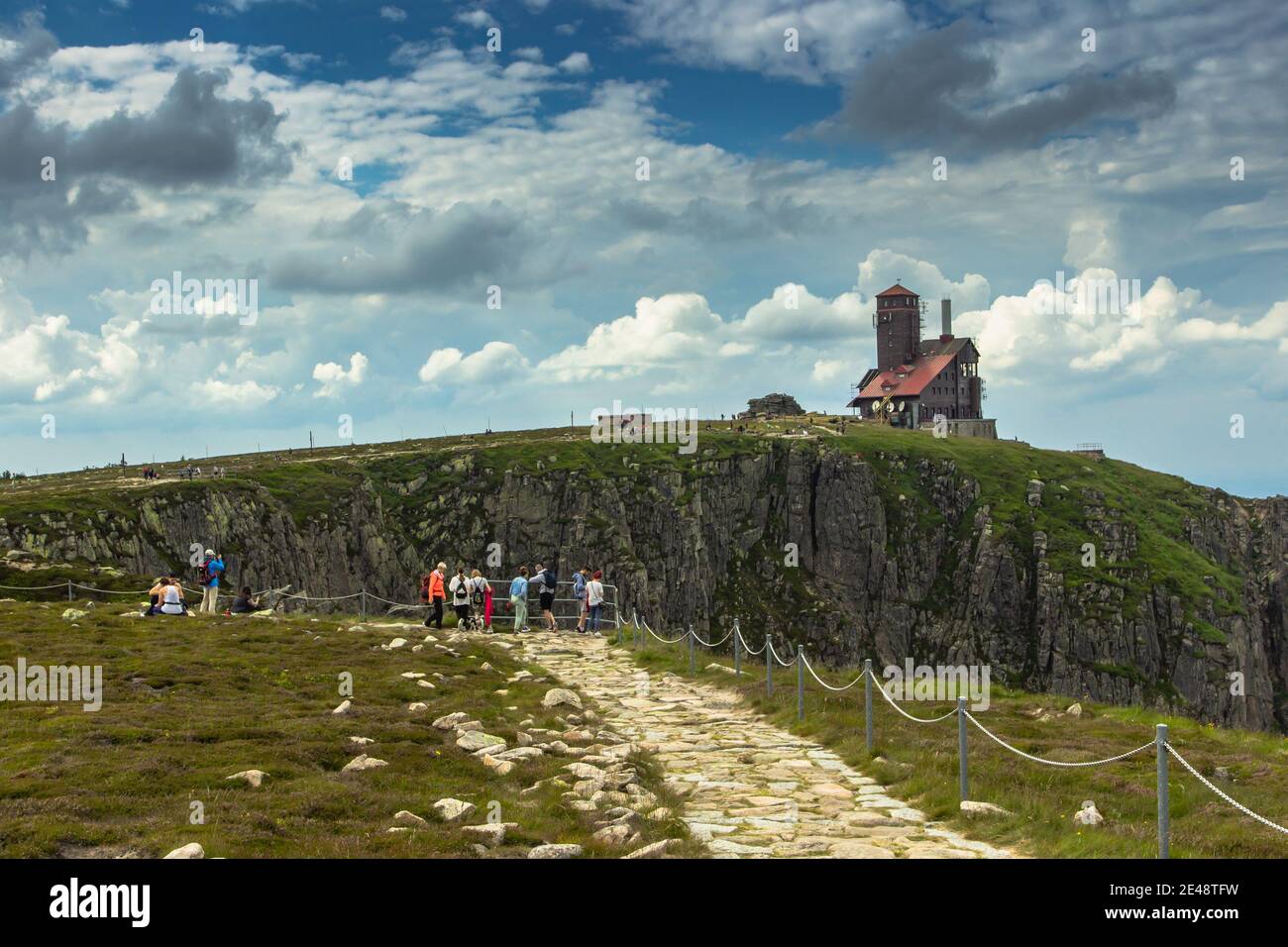 Snezne jamy,Czech Republic-July 25,2020. A remoted building on Polish-Czech border in Krkonose Giant mountains.People hiking and enjoying the views.We Stock Photo