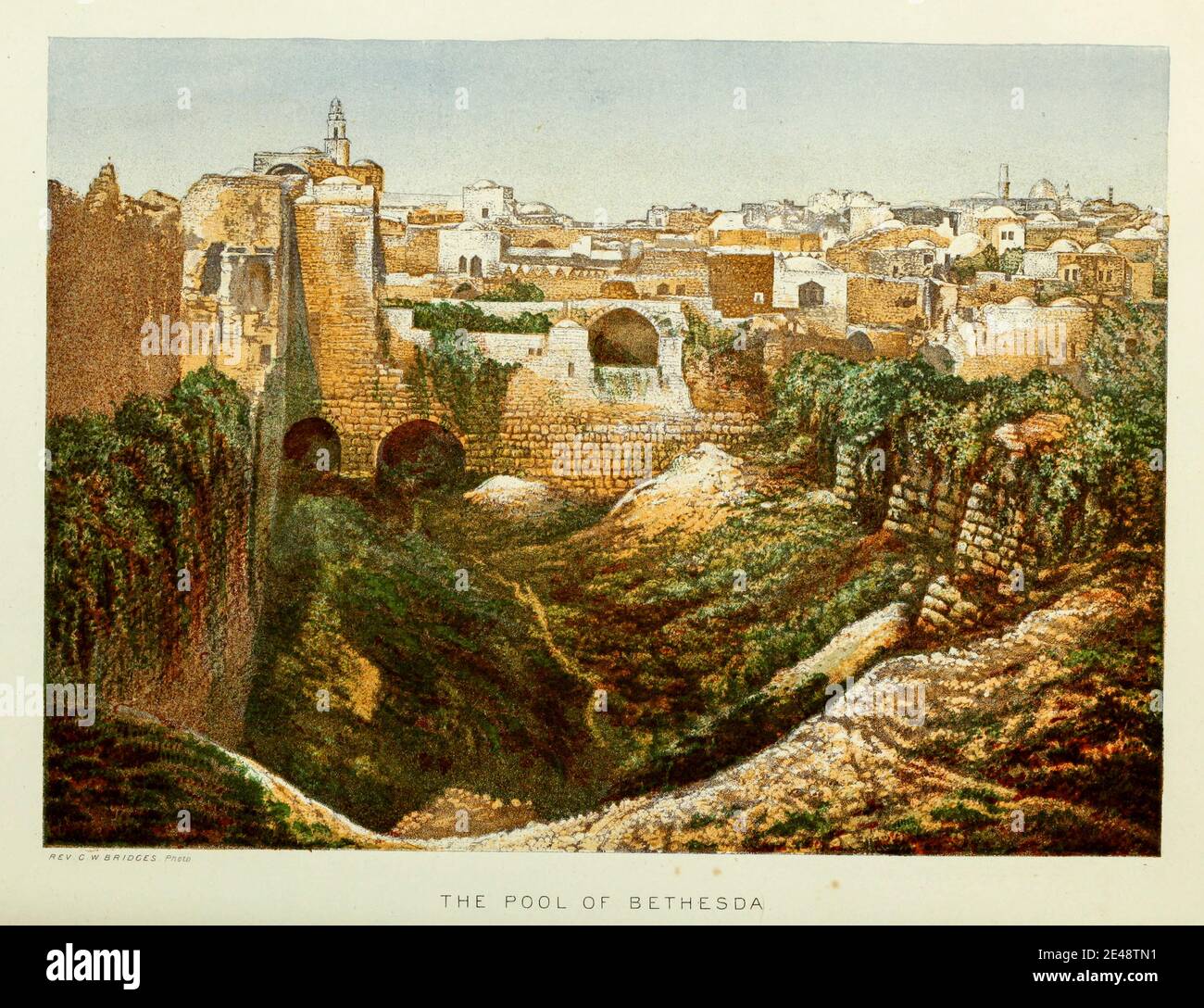 the Pool of Bethesda, Jerusalem from the book Scenes in the East : consisting of twelve coloured photographic views of places mentioned in the Bible, with descriptive letter-press. By Tristram, H. B. (Henry Baker), 1822-1906; Published by the Society for Promoting Christian Knowledge (Great Britain) in London in 1872 Stock Photo