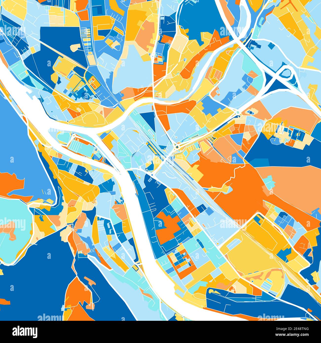 Color art map of  Hallein, Salzburg, Austria iin blues and oranges. The color gradations in Hallein   map follow a random pattern. Stock Vector