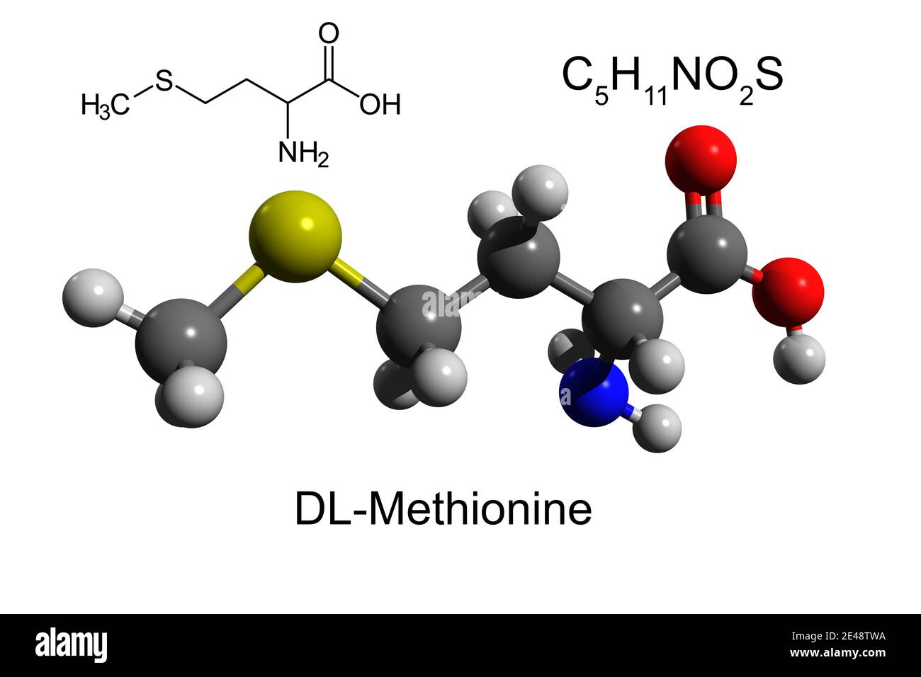 Chemical formula, skeletal formula and 3D ball-and-stick model of DL-methionine Stock Photo