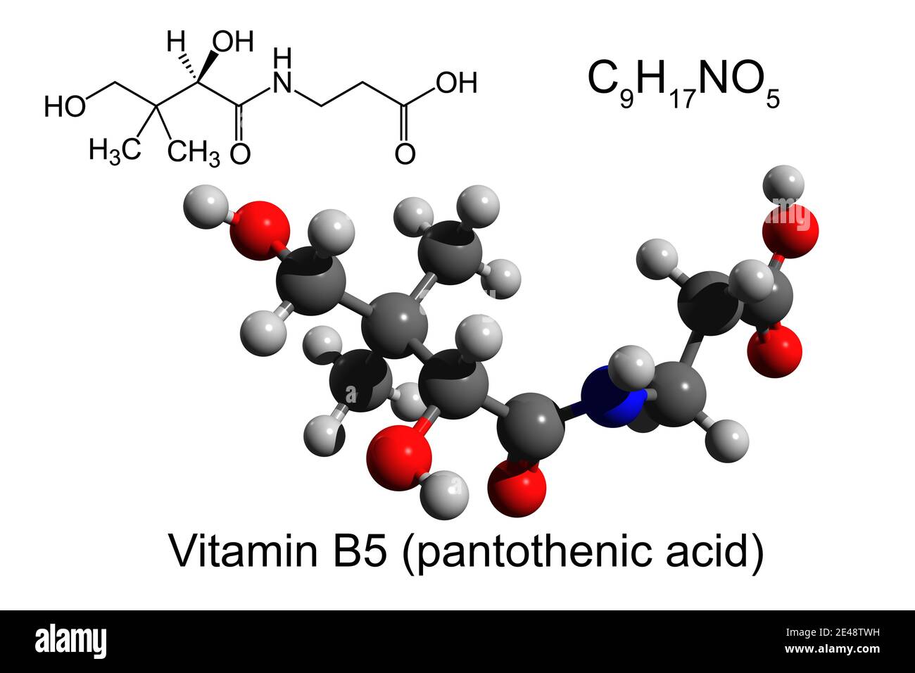 Chemical formula, skeletal formula and 3D ballandstick model of vitamin B5 (pantothenic acid
