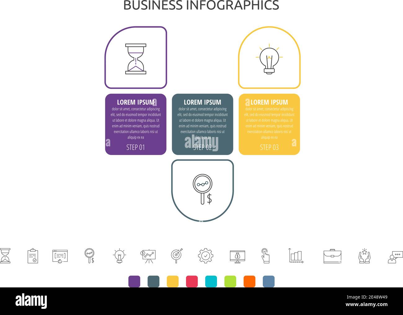 Vector infographics label with three steps, icons. Line chart. Timeline ...