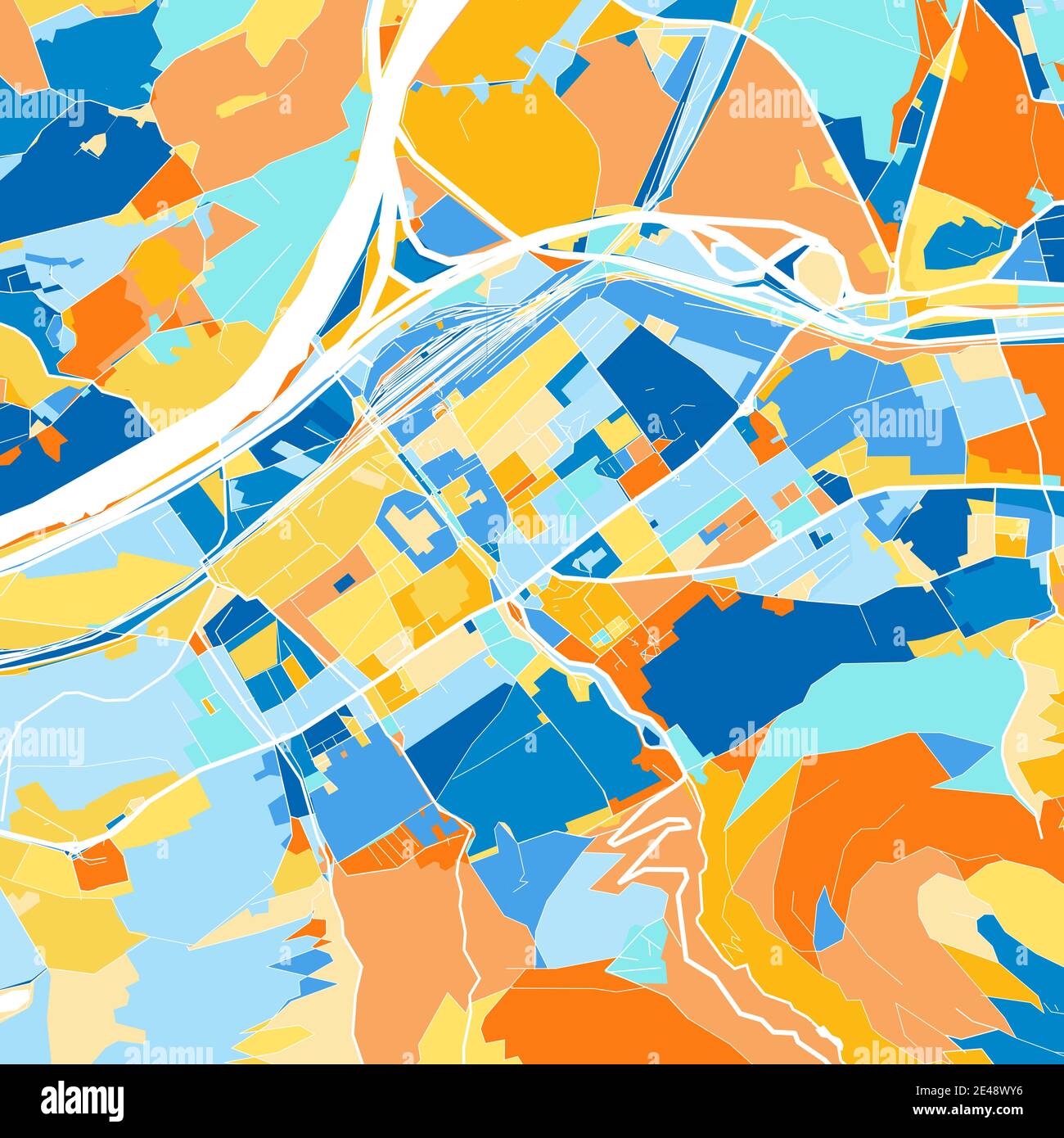 Color art map of  Worgl, Tyrol, Austria iin blues and oranges. The color gradations in Worgl   map follow a random pattern. Stock Vector