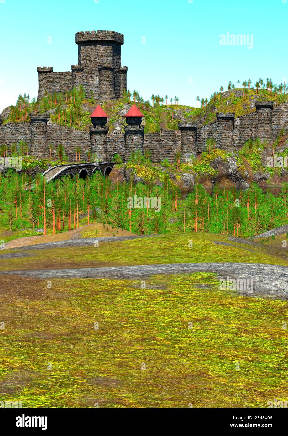 3D rendering of a medieval landscape with an old castle Stock Photo - Alamy