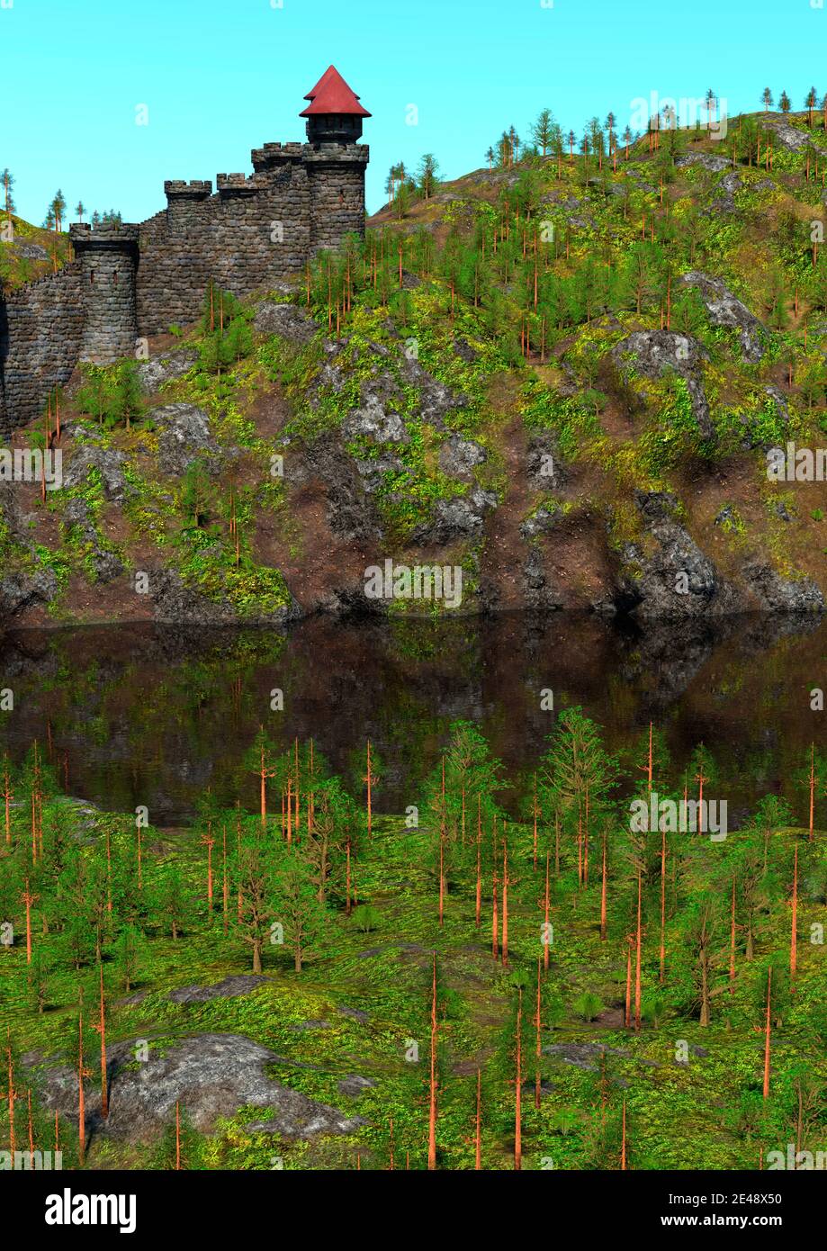 3D rendering of a medieval landscape with an old castle Stock Photo - Alamy