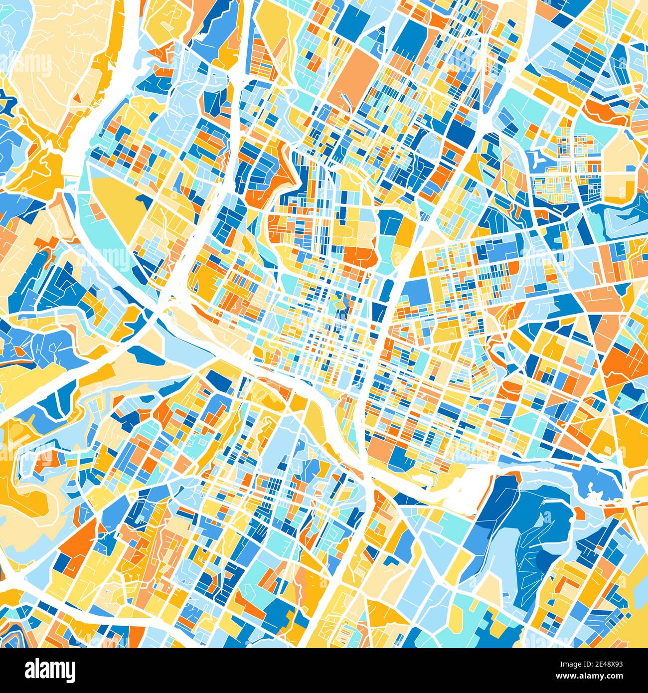 Color art map of Austin, Texas, UnitedStates in blues and oranges. The color gradations in