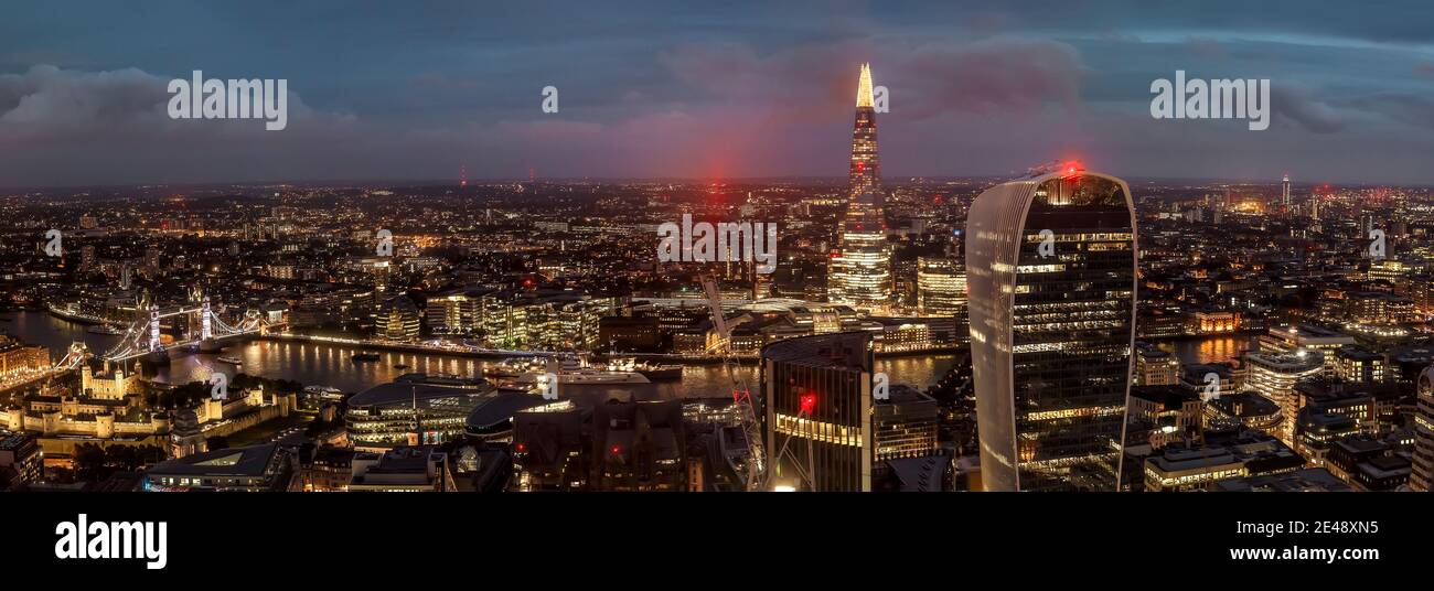 London night aerial panorama from the Gherking looking at the Shard and Tower Bridge Stock Photo