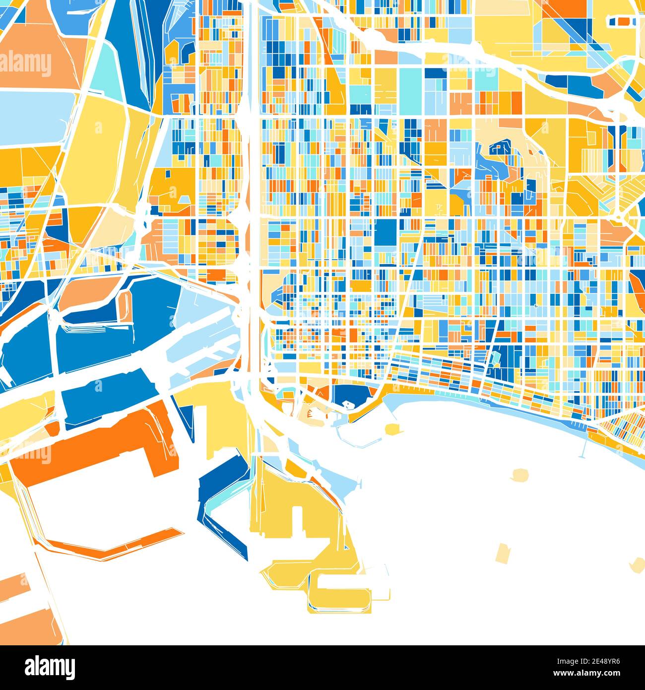 Color art map of  LongBeach, California, UnitedStates in blues and oranges. The color gradations in LongBeach   map follow a random pattern. Stock Vector