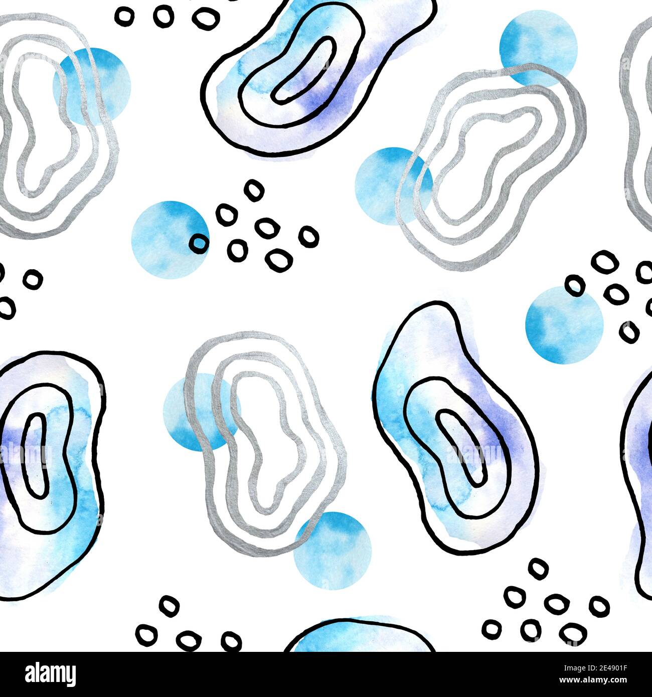 seamless hand drawn black white blue trendy contemporary graphic pattern with groups of abstract turquoise shapes spirals and watercolor polka dot circles. Doodles for textile wallpaper wrapping paper Stock Photo