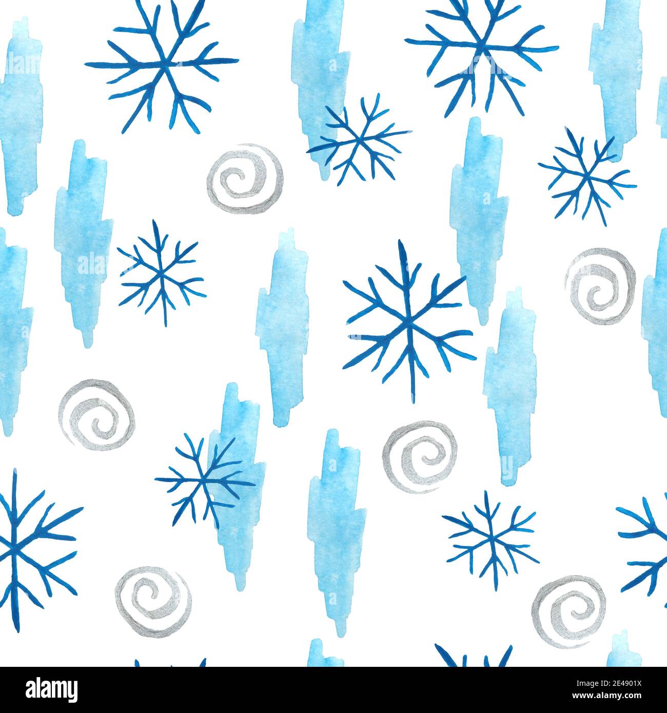 Watercolor hand drawn seamless pattern with blue snowflakes spiral ...