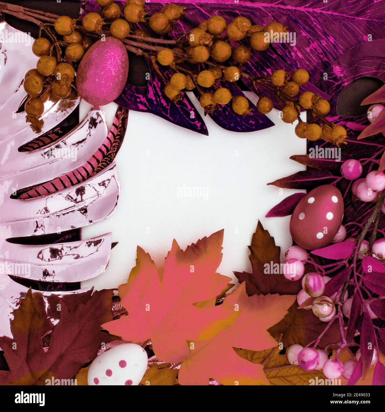 Happy Easter. Congratulatory easter background. Easter eggs and flowers. Flat lay. Nature concept. Stock Photo