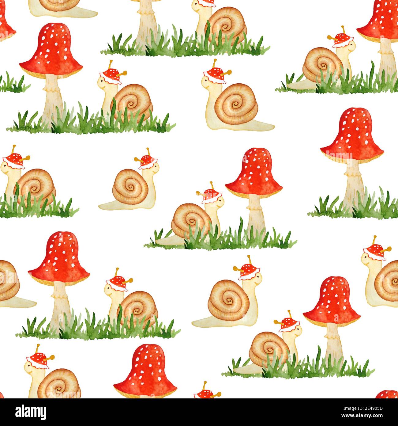 Watercolor hand drawn seamless pattern illustration of amanita muscaria mushrooms with red caps in forest wood woodland green grass and funny cartoon snail. Children textile wallpaper. Nature natural Stock Photo