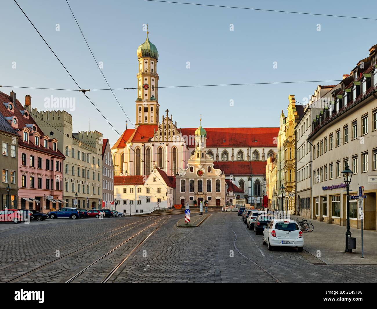 Basilica, Catholic church, Protestant church, street, square, cobblestone, bus stop, houses, old town, monument, place of interest, historic building, listed, winter, dawn Stock Photo