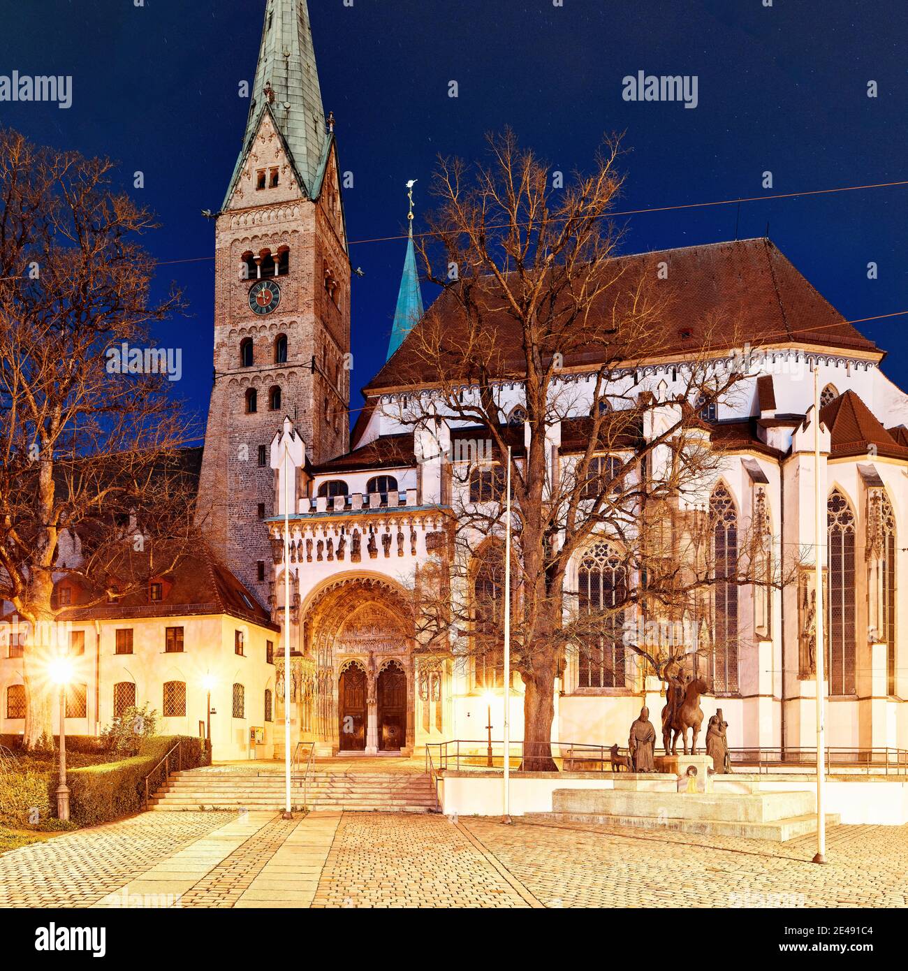 Cathedral, church, morning mood, street, paving stones, lanterns, church tower, fountain, trees, place of interest, historical sight, monument, historical monument Stock Photo