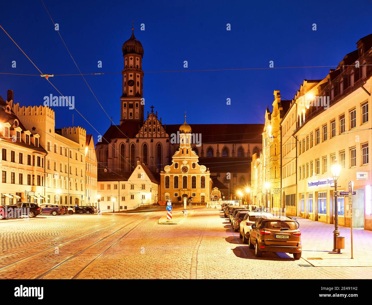 Basilica, Catholic church, Protestant church, street, square, cobblestone pavement, bus stop, house, old town, monument, place of interest, historical building, listed, full moon, full moon night Stock Photo
