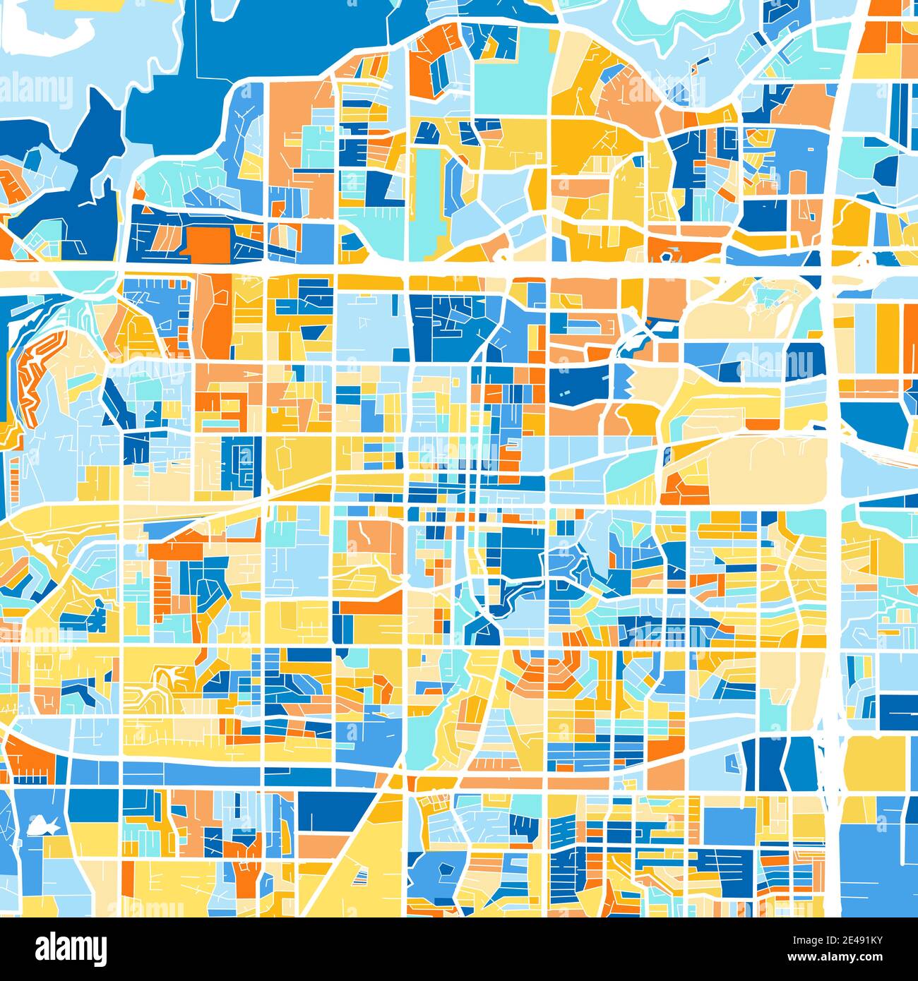 Color art map of Arlington, Texas, UnitedStates in blues and oranges