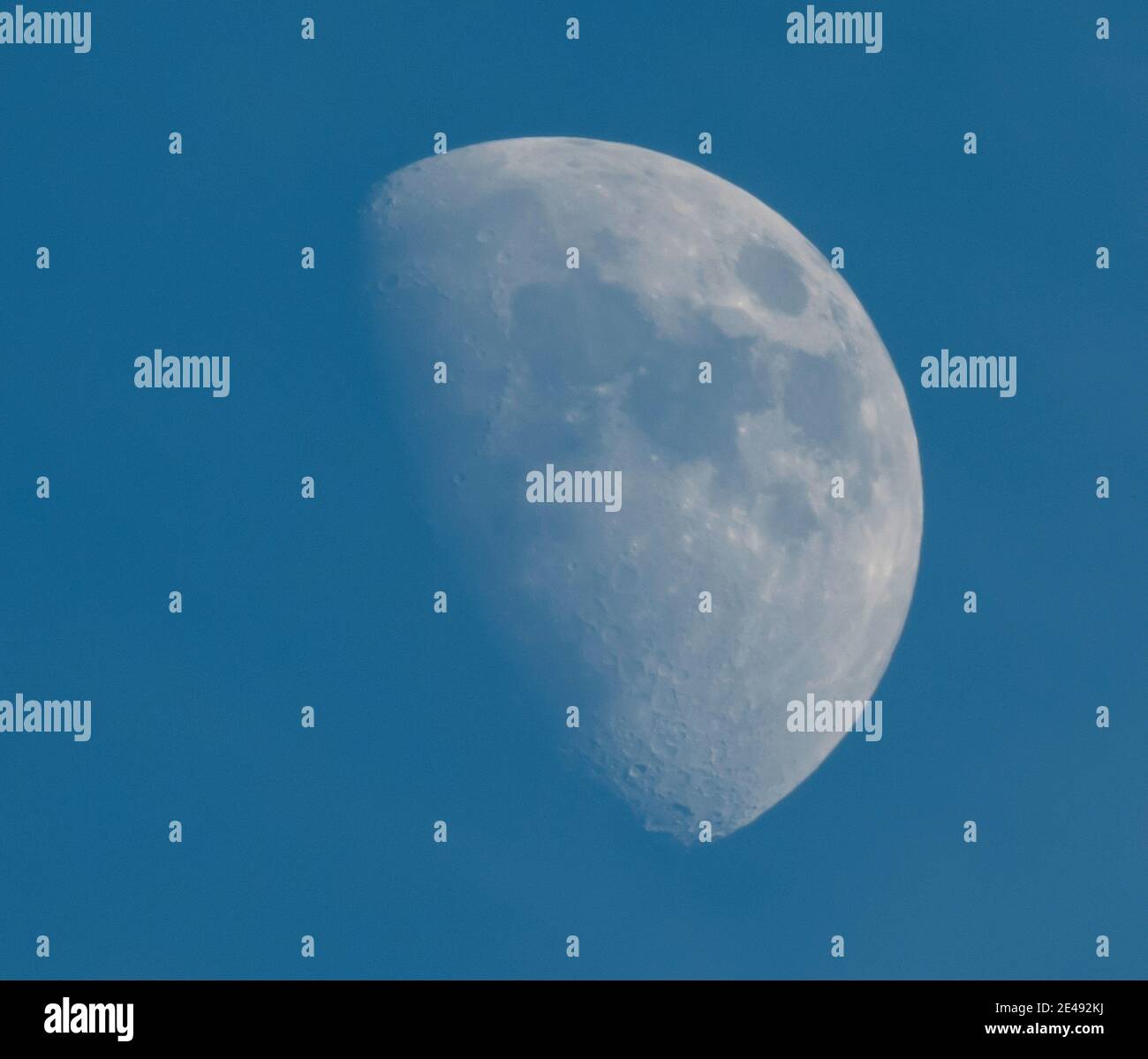 22 January 2021. The waxing gibbous Moon 65 illuminated against blue sky. Credit Malcolm Park