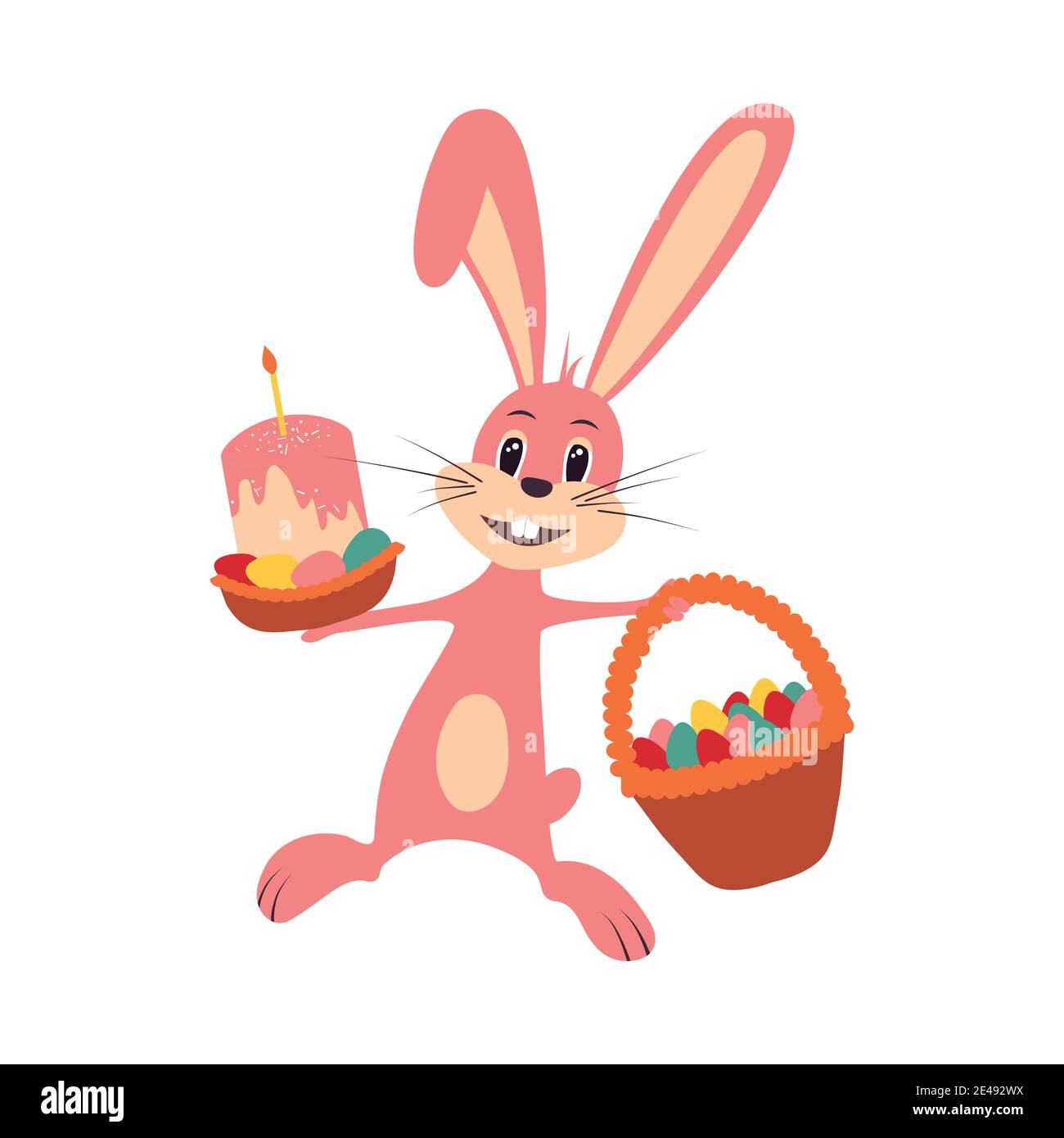 Easter bunny rabbit with Easter basket full of decorated Easter eggs. Stock Vector